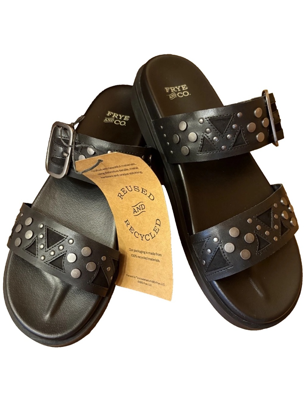 FRYE AND CO. Black Studded Double-Strap Slide Sandals